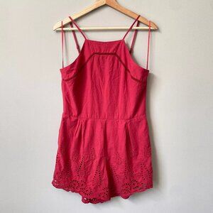 Blue Rain Women's Medium Sleeveless High Neck Boho Eyelet Scalloped Red Romper